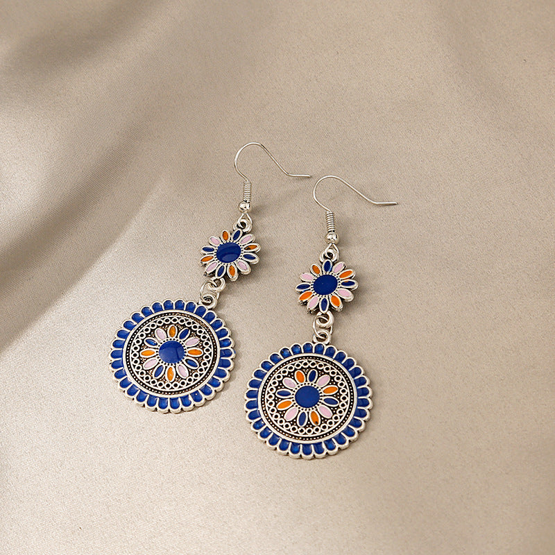 Wholesale Bohemian Drip Oil Round Sunflower Alloy Earrings